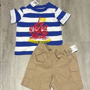 Blue and White Striped Pirate Shirt with Tan Shorts